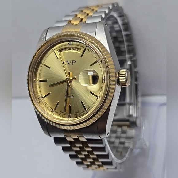 CVP Presidential Quartz Watch Men Two Tone Fluted Bezel Day Date New Battery - Picture 2 of 11